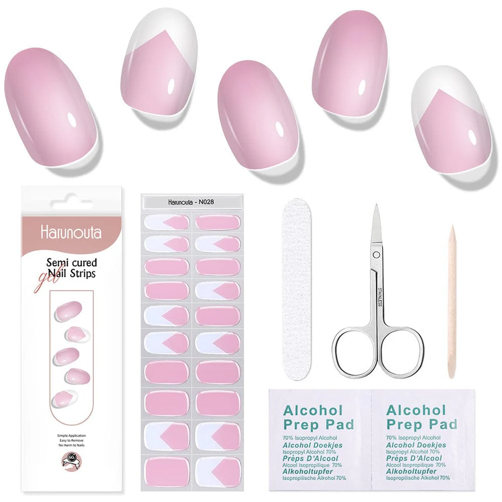20 Tips Pink White Semi-Cured Gel Nail Strips N028