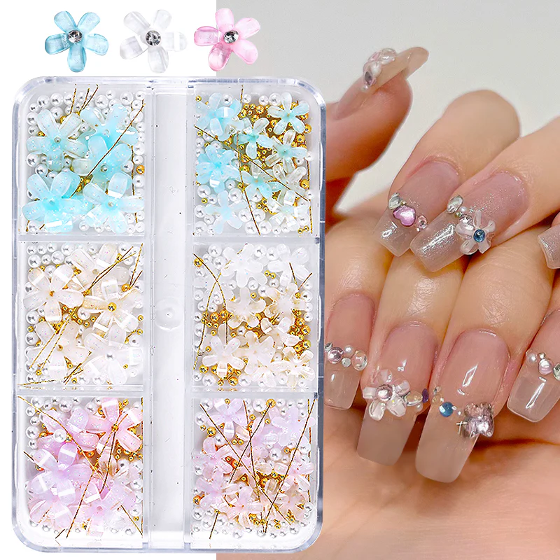 6 Grids Mixed Flowers Rhinestones Pearls #04 - Image 2