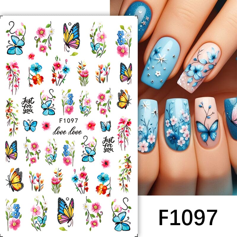 Blue Butterfly Flowers 3D Nail Stickers F1097
