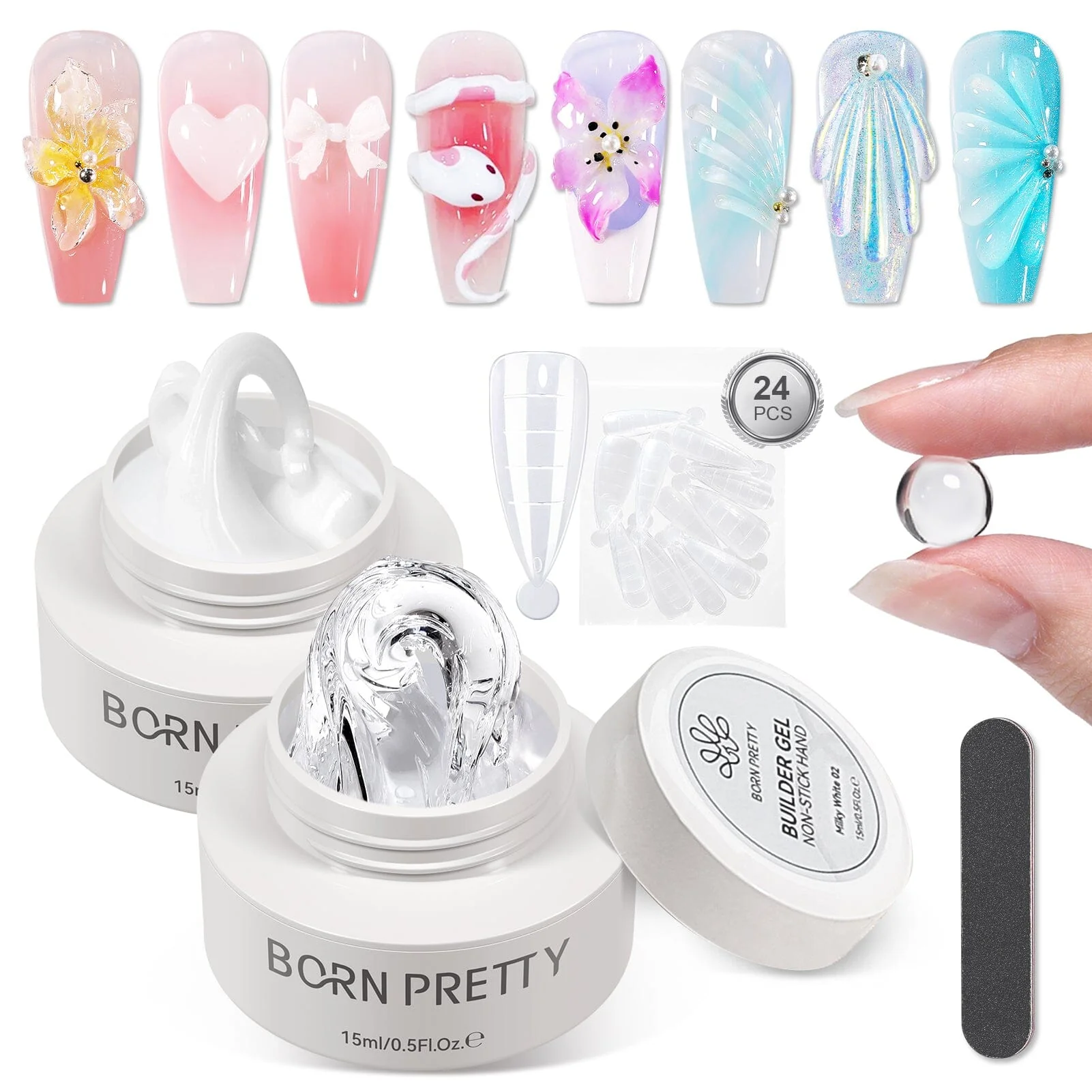 Clear & White Non Stick Hand Extension Nail Kit 15ml