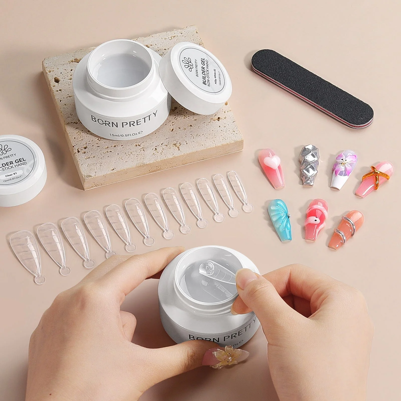 Clear & White Non Stick Hand Extension Nail Kit 15ml - Image 6