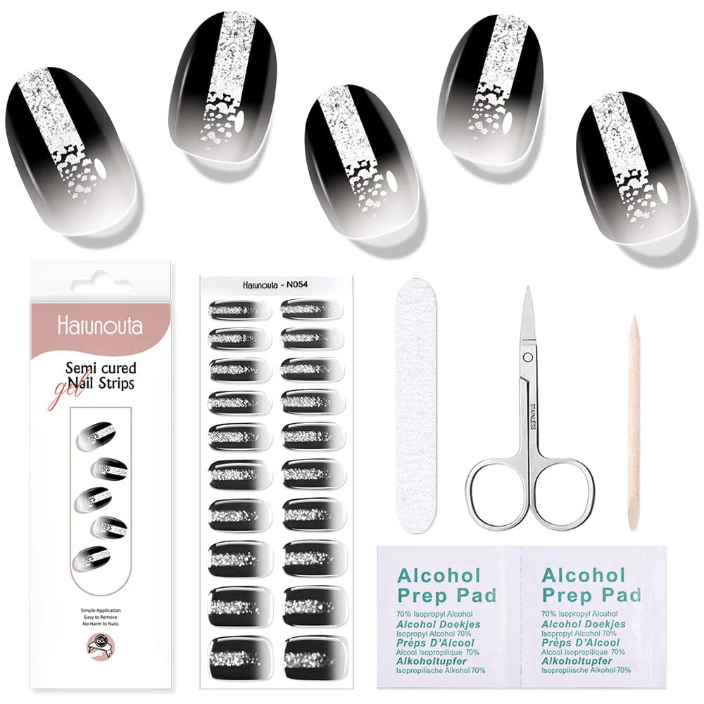 [US ONLY] 20 Tips Black Shimmer Semi-Cured Gel Nail Strips N054