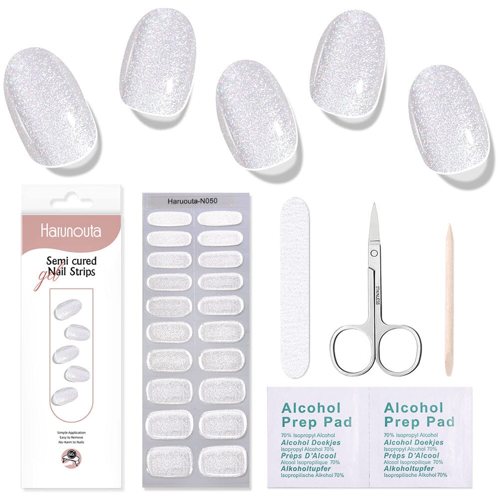 [US ONLY] 20 Tips Silver Shimmer Semi-Cured Gel Nail Strips N050