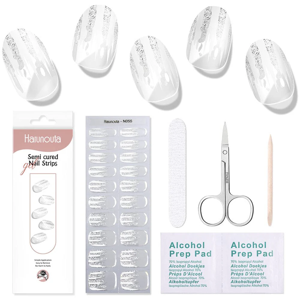 [US ONLY] 20 Tips White Shimmer Semi-Cured Gel Nail Strips N055