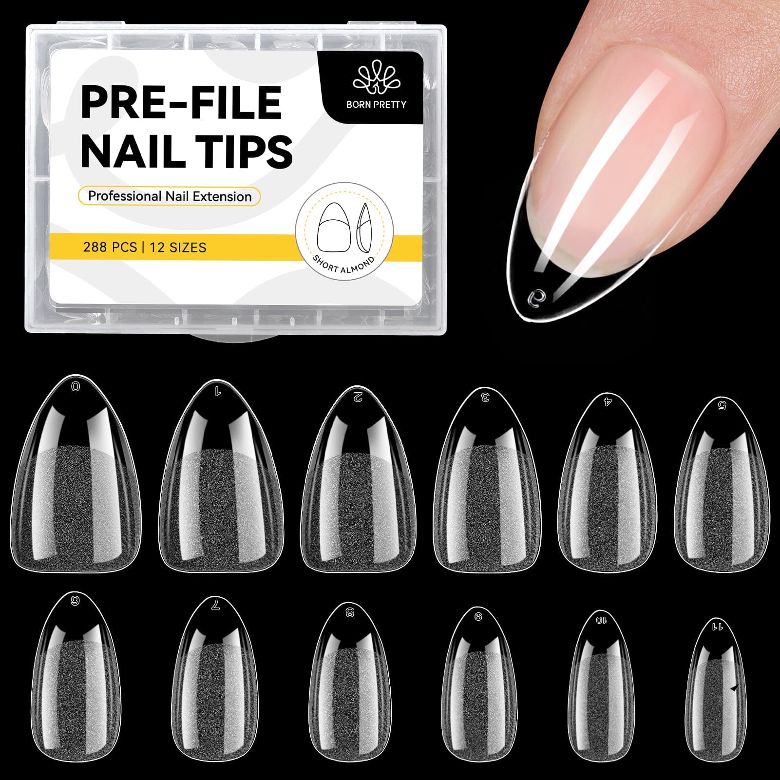288pcs Short Almond Pre-File Nail Tips 12 Different Sizes
