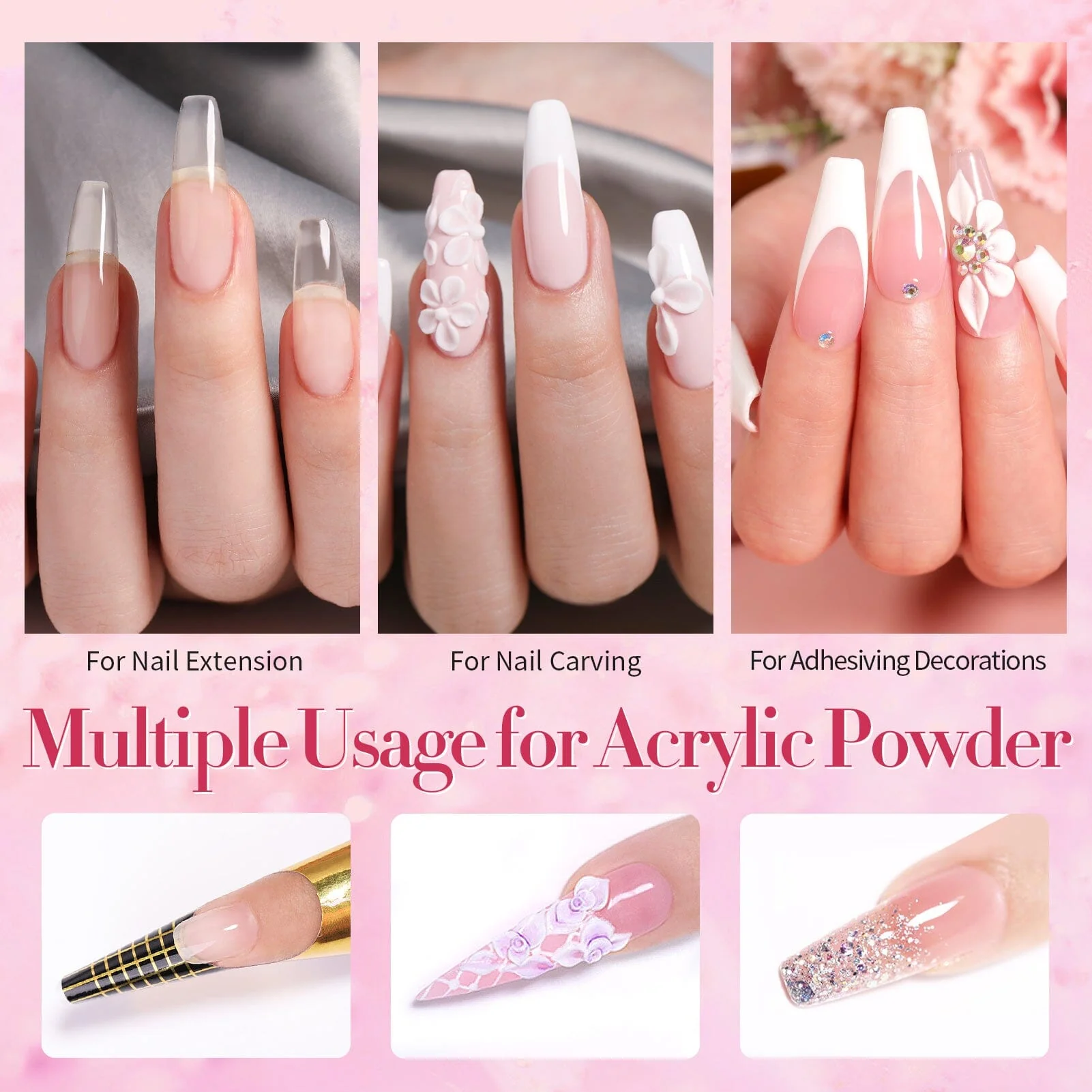 3 Colors Acrylic Powder Kit Clear White Pink 10g - Image 3