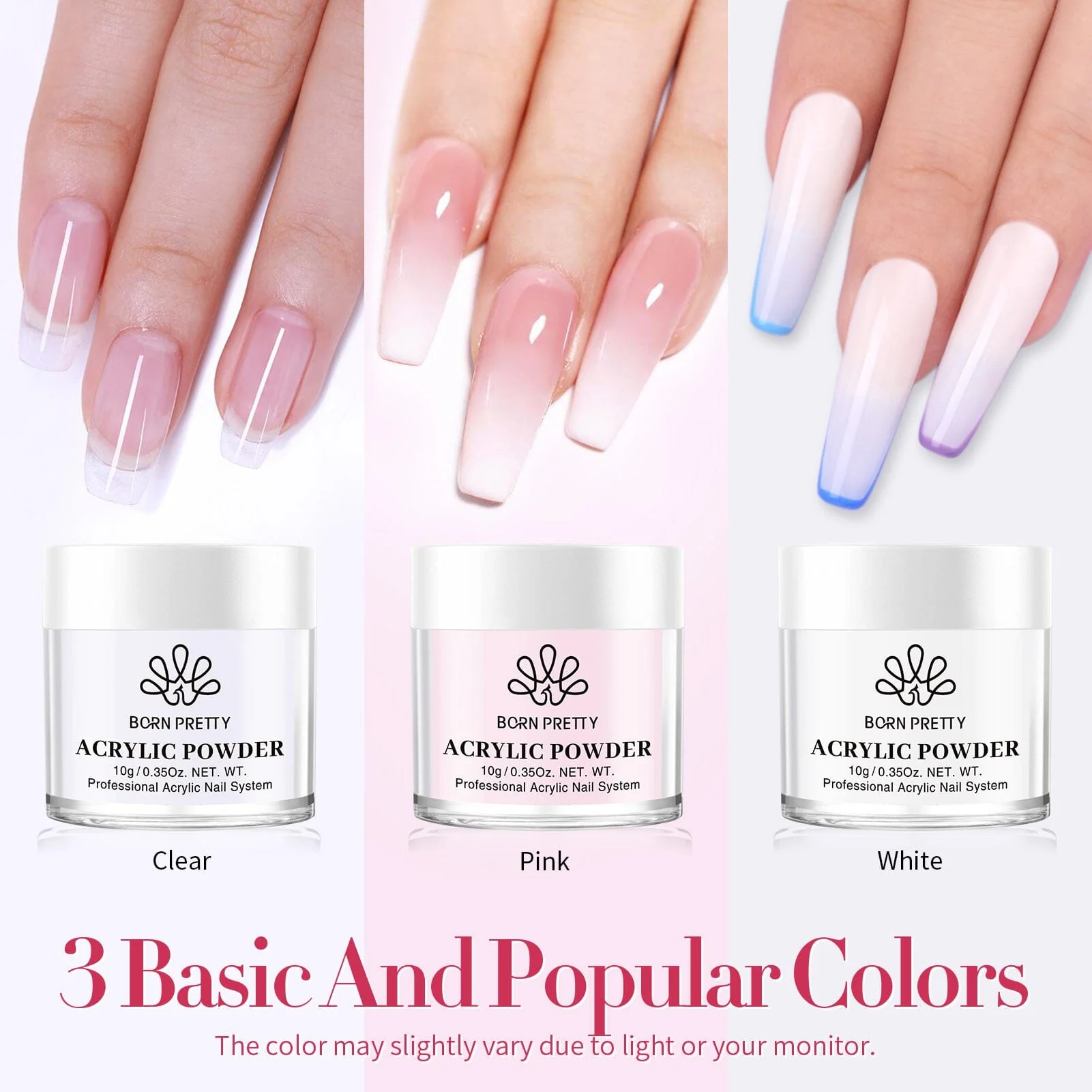 3 Colors Acrylic Powder Kit Clear White Pink 10g - Image 4