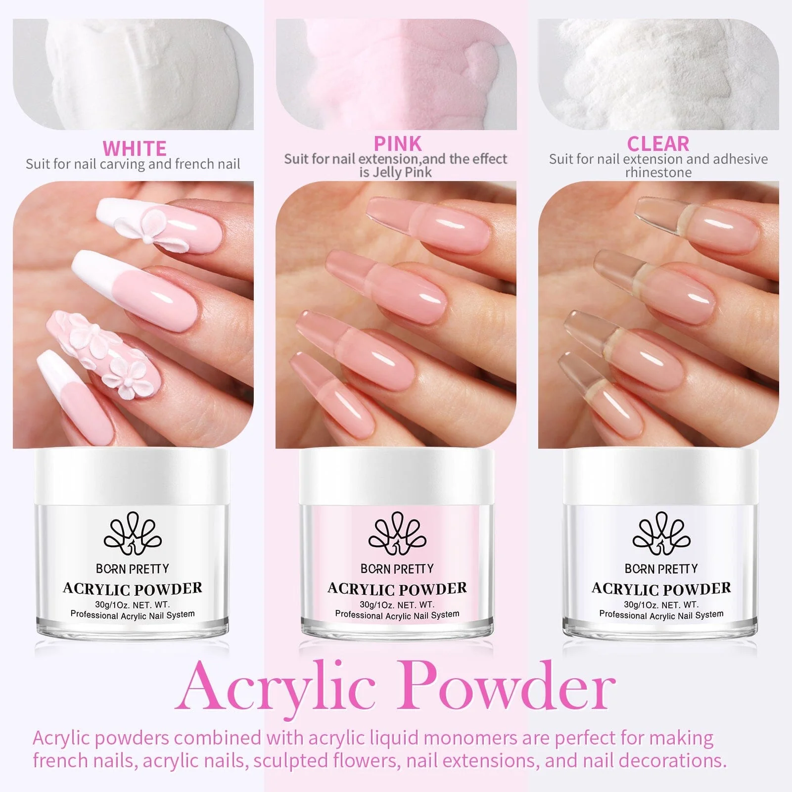 [US ONLY] Acrylic Nail Kit 3 Colors White Pink Clear 30g - Image 7