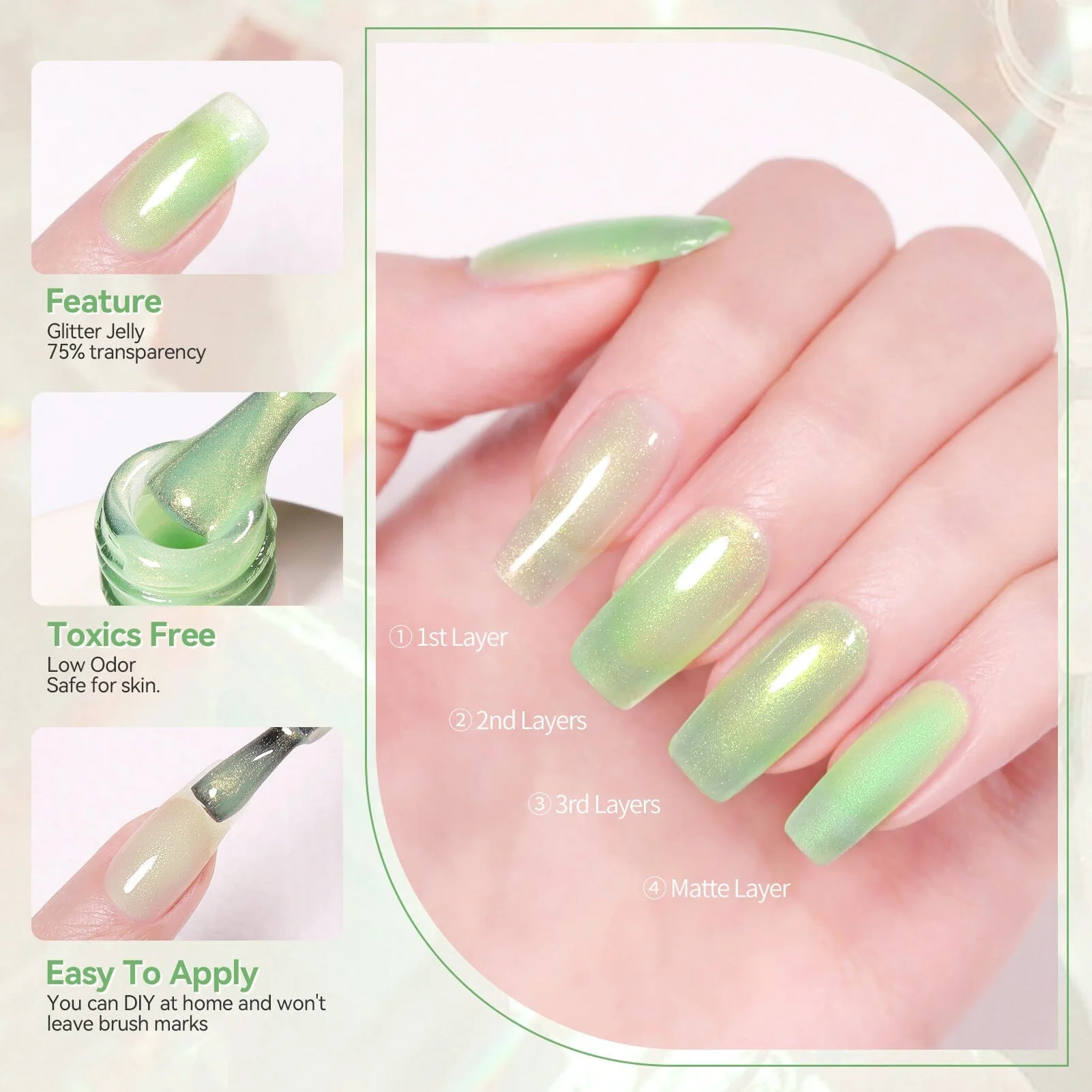 [US ONLY] Green Glitter Jelly Gel Polish #01 15ml - Image 5