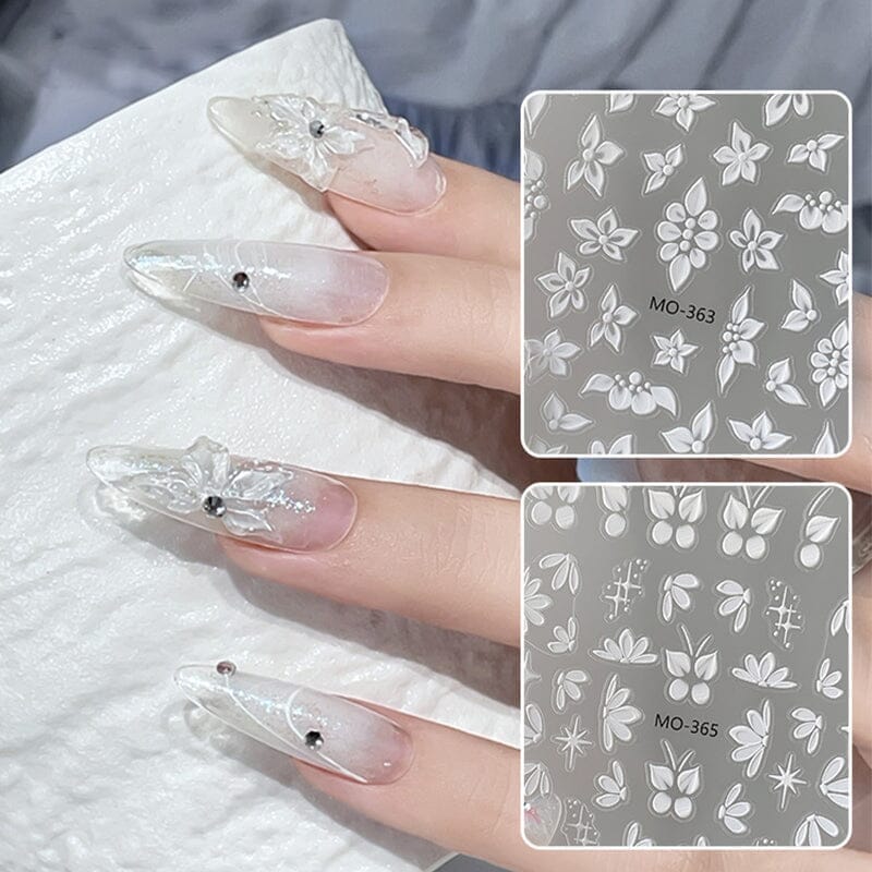 White Flowers Embossed 3D Nail Stickers MO365 - Image 4