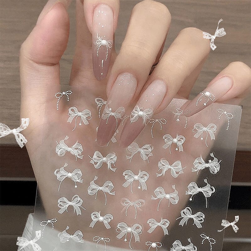 White Lace Bowknot 3D Self Adhesive Nail Stickers #01 - Image 2